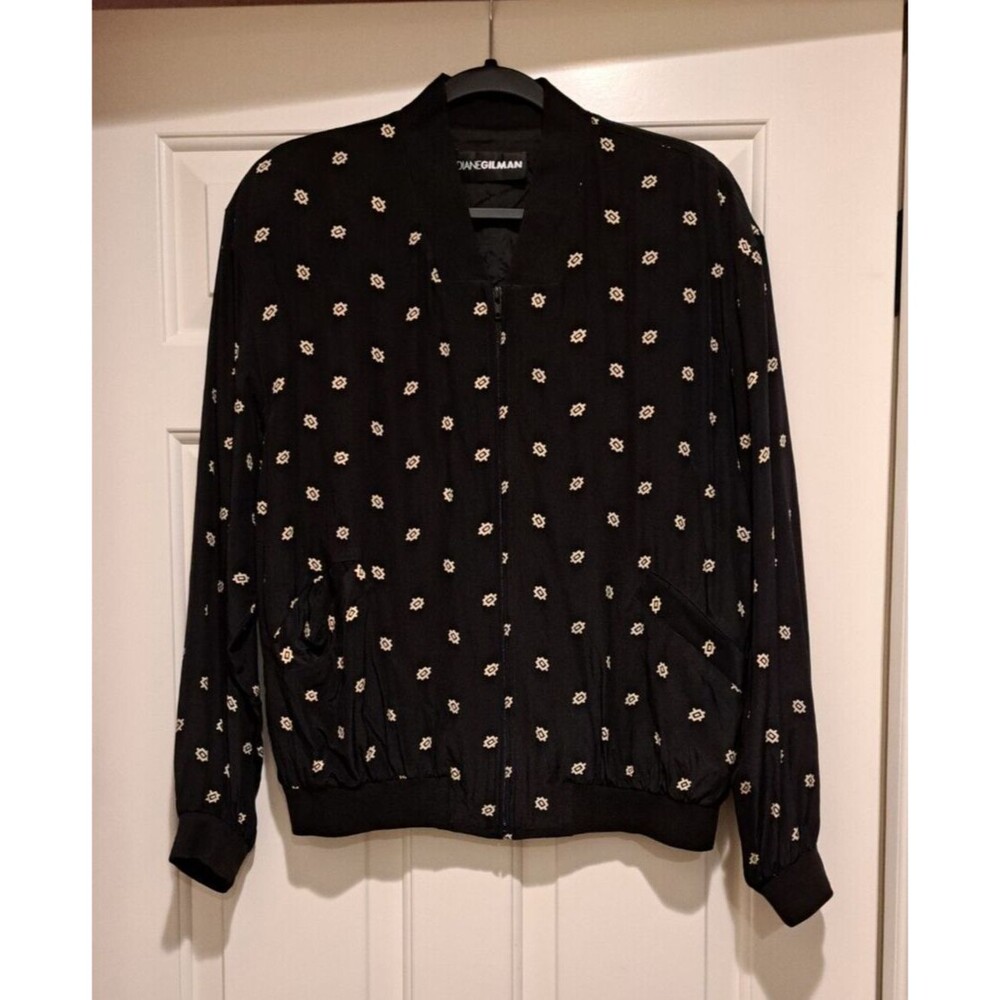 Diane Gilman VTG 100% Silk Black Patterned Zip-Up Jacket Windbreaker size small